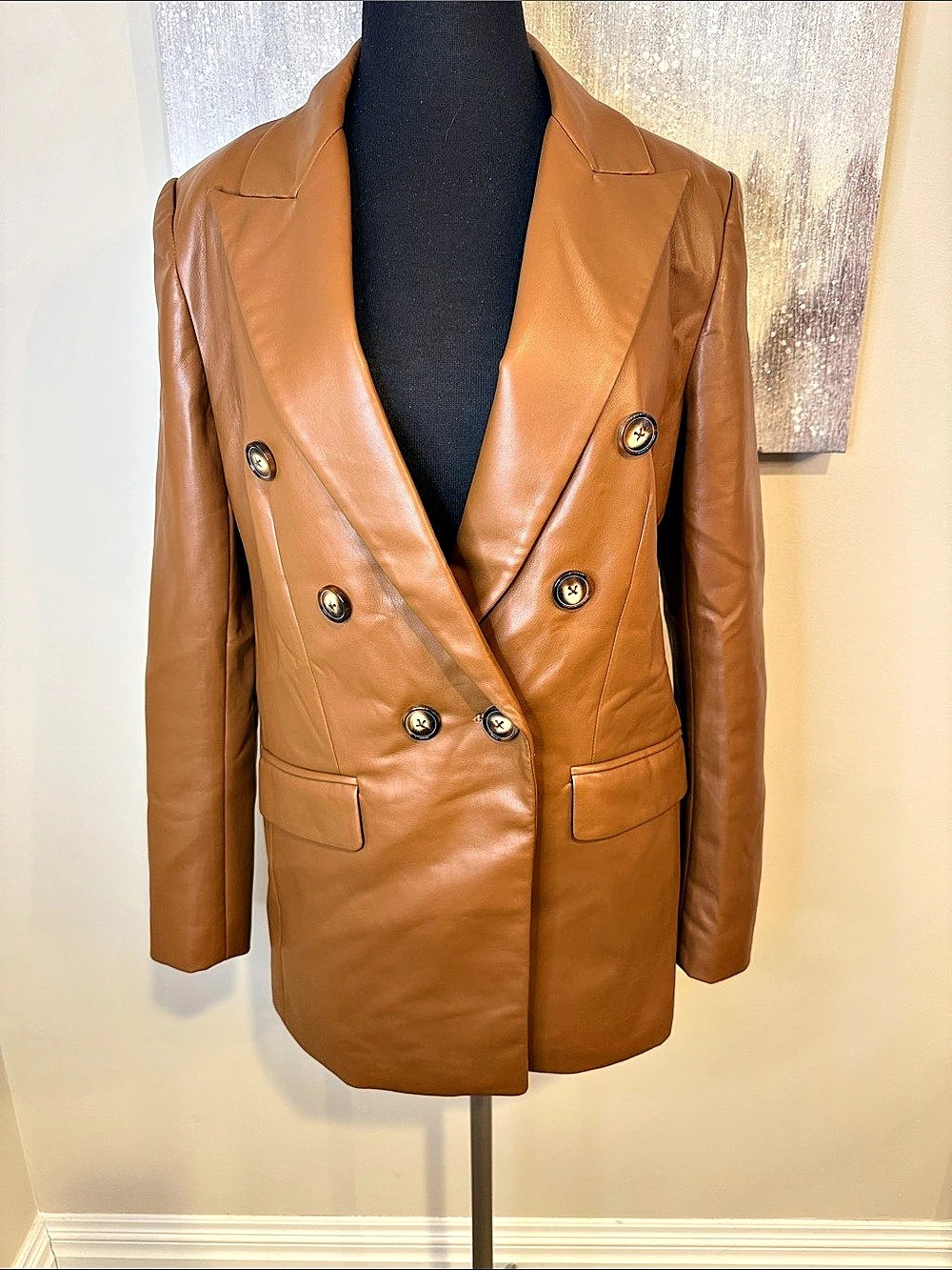 Zara Faux Leather Double-Breasted Blazer caramel size medium